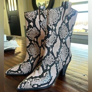 Aquazzura Snake-Print Pointed Toe Ankle Boots in Black and Blush